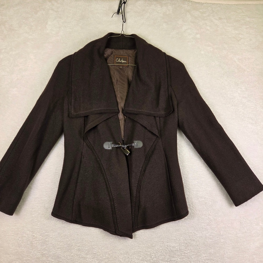 Cole Haan Womens Brown Wool Blend Toggle Front Shawl Collar Jacket Size 6